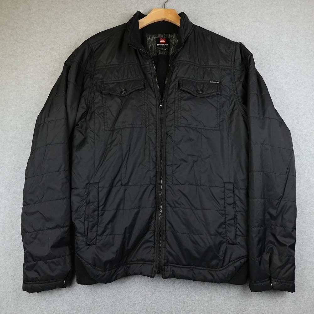 Quiksilver Mens Puffer Jacket Black Quilted Zip Up Bomber Pockets Large Gorpcore